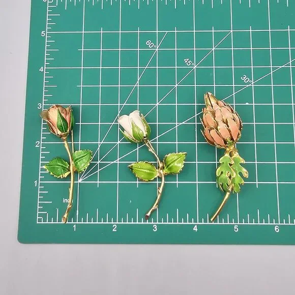 Lot Enamel Flower Brooch Pin (3) Gold Tone Pink Peach White Rose Floral Giovanni - Picture 13 of 13